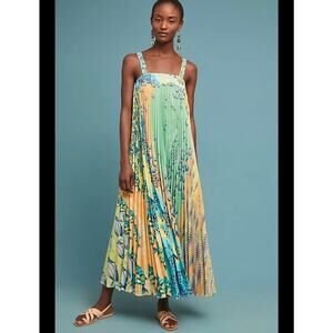Anthropologie Geisha Designs Pleated Fish Maxi Dress M Whimsical Tropical Boho